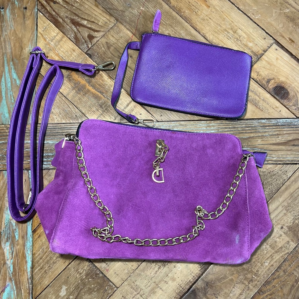Purple Real Suede with Faux Leather Crossbody Bag‎ Chain Accent with Wallet